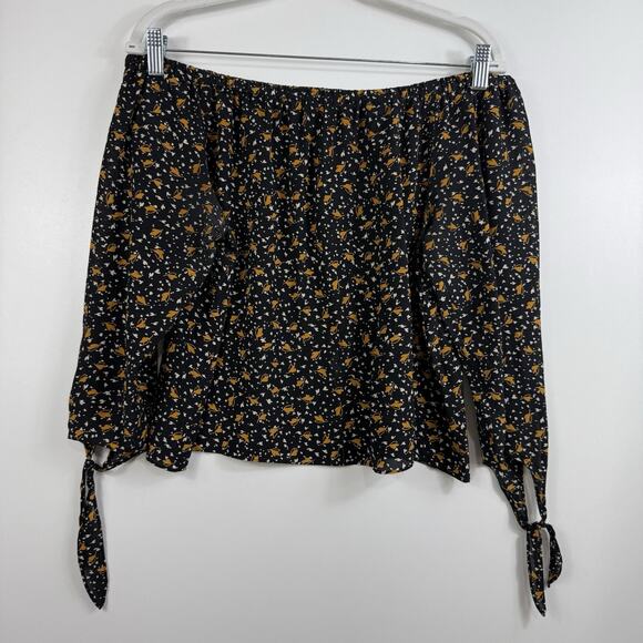 Madewell 100% Silk Off the Shoulder Top Small Falling Leaves Tie Sleeves Sheer - Picture 2 of 11